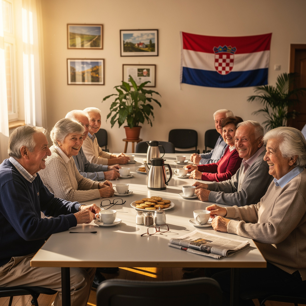 Croatian pensioners gathered around a table for a social event