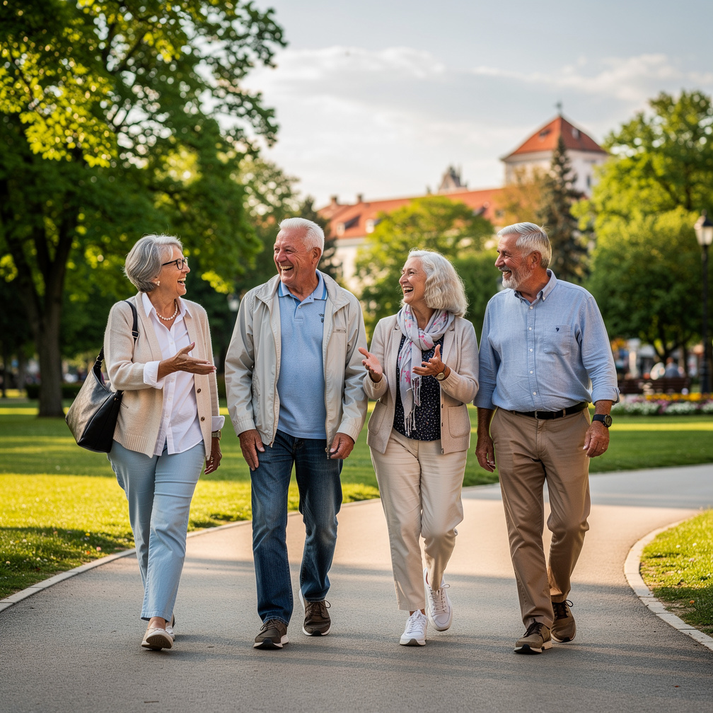 Group of active Croatian seniors laughing together outdoors